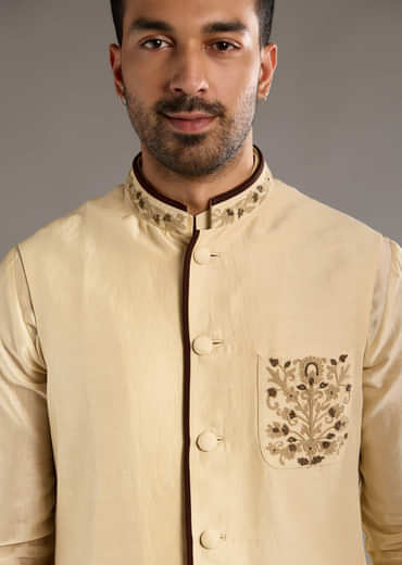 Gold Chanderi Linen Kurta Jacket Set For Men With Dori Work