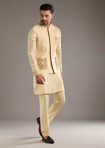 Gold Chanderi Linen Kurta Jacket Set For Men With Dori Work