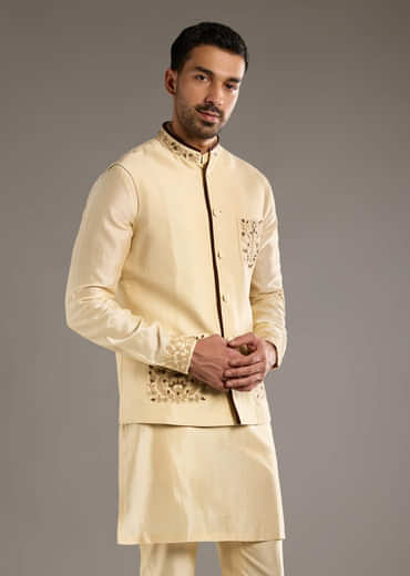 Gold Chanderi Linen Kurta Jacket Set For Men With Dori Work