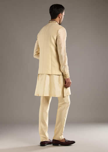 Gold Chanderi Linen Kurta Jacket Set For Men With Dori Work