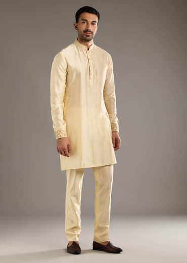 Gold Chanderi Linen Kurta Jacket Set For Men With Dori Work