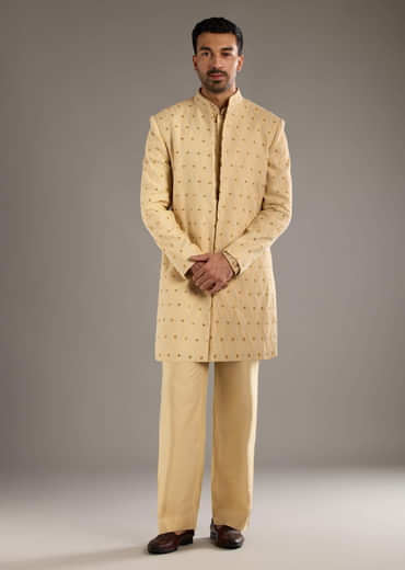 Gold Cotton Silk Indo Western Set For Men With Zari Embroidery