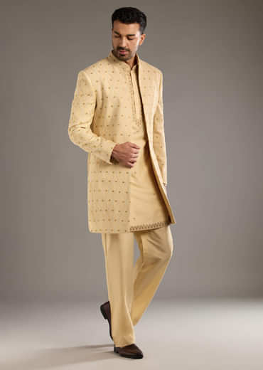 Gold Cotton Silk Indo Western Set For Men With Zari Embroidery