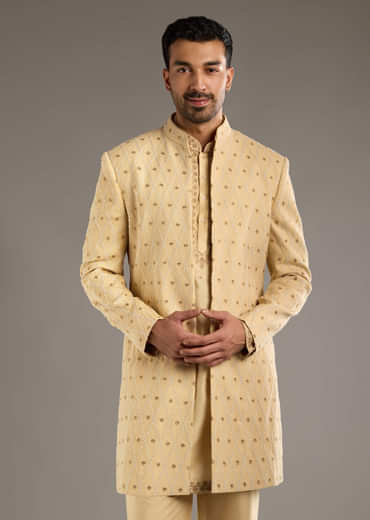 Gold Cotton Silk Indo Western Set For Men With Zari Embroidery
