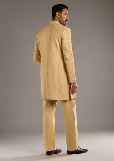 Gold Cotton Silk Indo Western Set For Men With Zari Embroidery