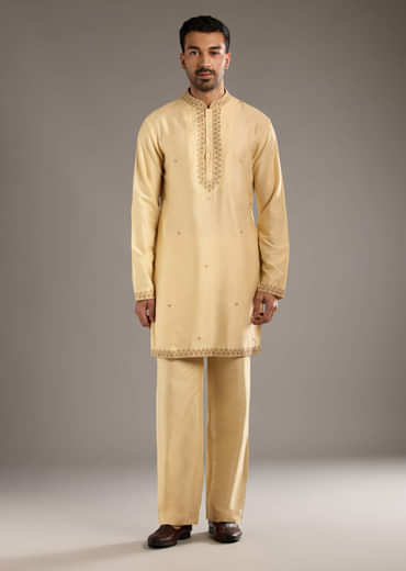 Gold Cotton Silk Indo Western Set For Men With Zari Embroidery