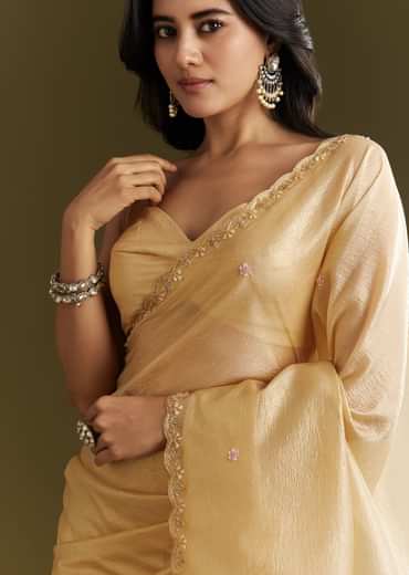 Gold Crushed Tissue Saree With Floral Embroidery And Scallop Border