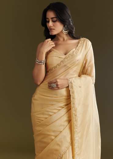 Gold Crushed Tissue Saree With Floral Embroidery And Scallop Border