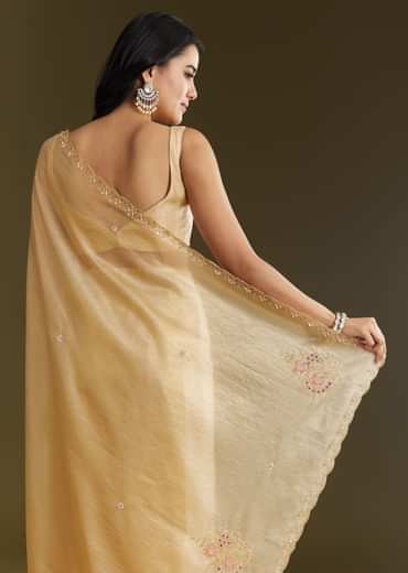 Gold Crushed Tissue Saree With Floral Embroidery And Scallop Border