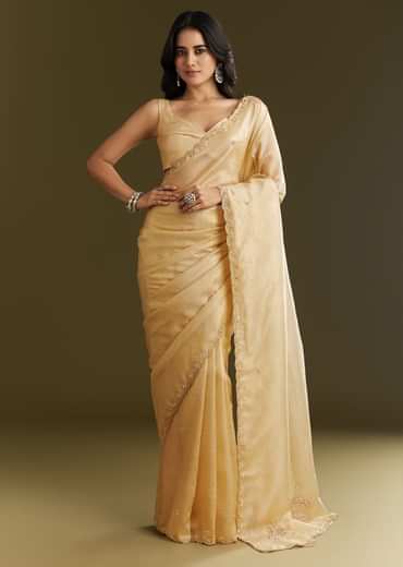 Gold Crushed Tissue Saree With Floral Embroidery And Scallop Border