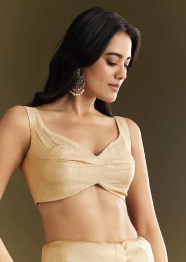 Gold Crushed Tissue Saree With Floral Embroidery And Scallop Border