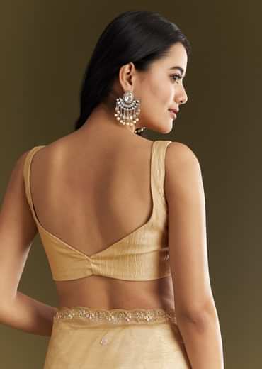 Gold Crushed Tissue Saree With Floral Embroidery And Scallop Border
