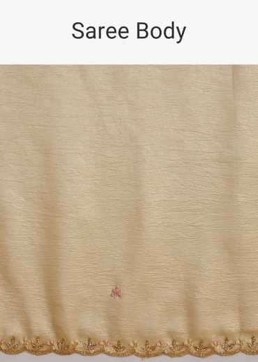 Gold Crushed Tissue Saree With Floral Embroidery And Scallop Border