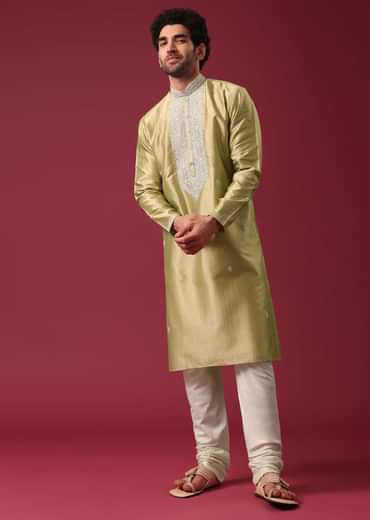 Gold Embroidered Kurta Set In Silk