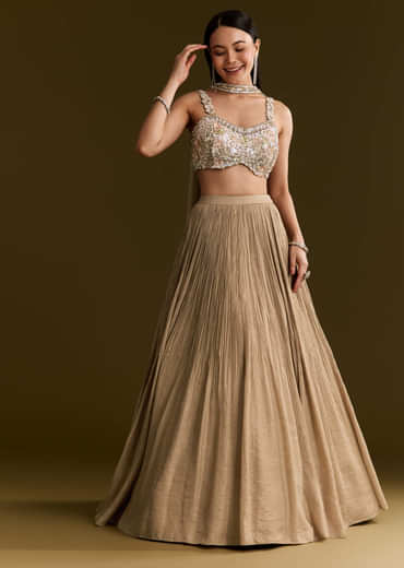 Gold French Tissue Lehenga With Sequins And Choker Dupatta