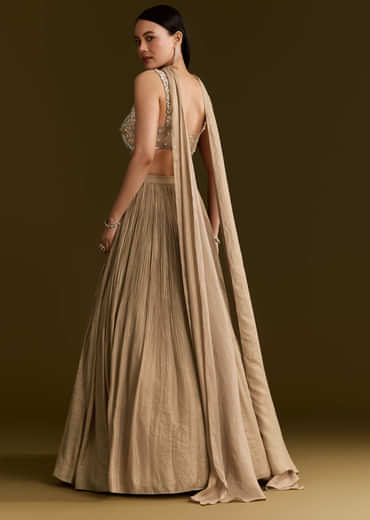 Gold French Tissue Lehenga With Sequins And Choker Dupatta