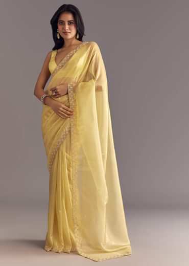 Gold Glossy Tissue Saree With Floral Cutdana And Moti Embroidery