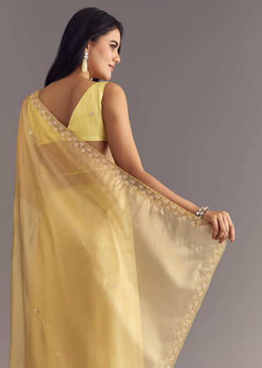 Gold Glossy Tissue Saree With Floral Cutdana And Moti Embroidery