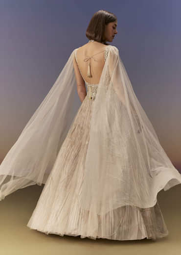 Gold Gown With Pleated Panels And Dramatic Cape