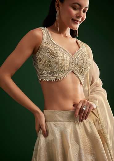 Gold Ivory Sequin Stone Work Choli Lehenga