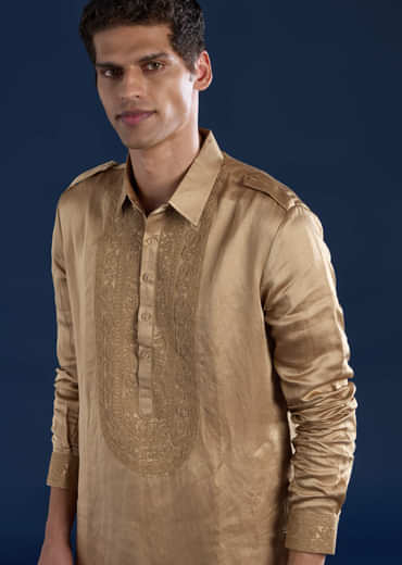 Gold Linen Satin Embroidered Mens Kurta and Pant Set