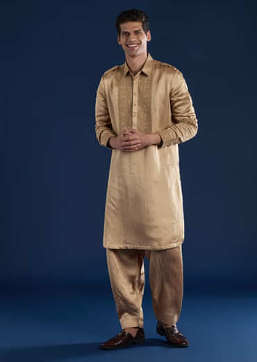 Gold Linen Satin Embroidered Mens Kurta and Pant Set
