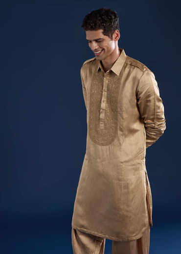 Gold Linen Satin Embroidered Mens Kurta and Pant Set