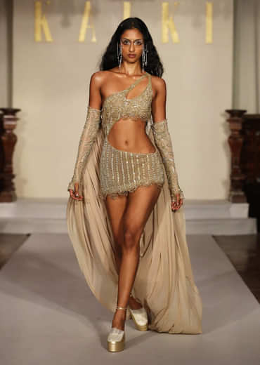 Gold Metallic Hand Embroidered Indo Western Asymmetric Short Gown