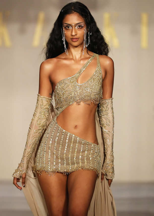 Gold Metallic Hand Embroidered Indo Western Asymmetric Short Gown