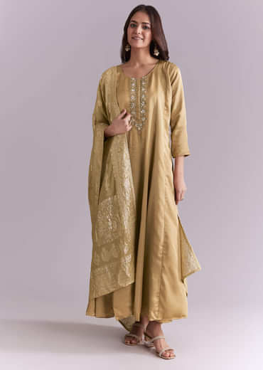 Gold Muslin Anarkali Suit With Mirror And Moti Embroidery