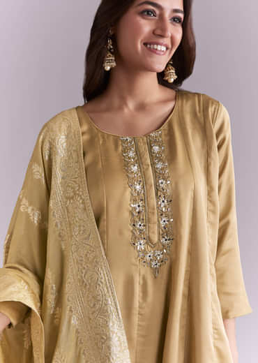 Gold Muslin Anarkali Suit With Mirror And Moti Embroidery