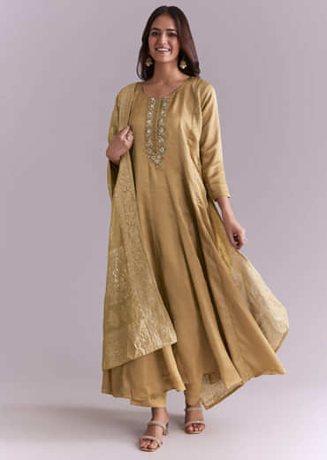 Gold Muslin Anarkali Suit With Mirror And Moti Embroidery