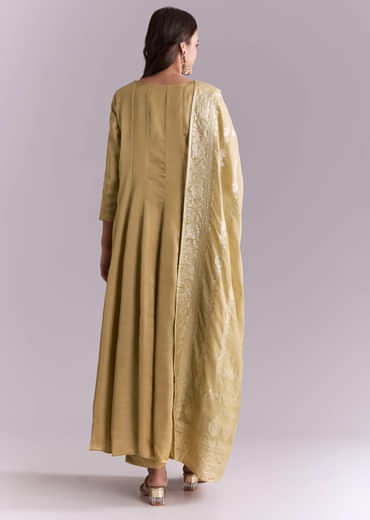 Gold Muslin Anarkali Suit With Mirror And Moti Embroidery