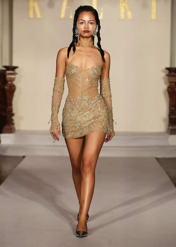 Gold Net Bridal Indo Western Mini Dress With Heavy Embroidery