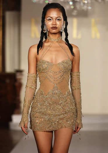 Gold Net Bridal Indo Western Mini Dress With Heavy Embroidery