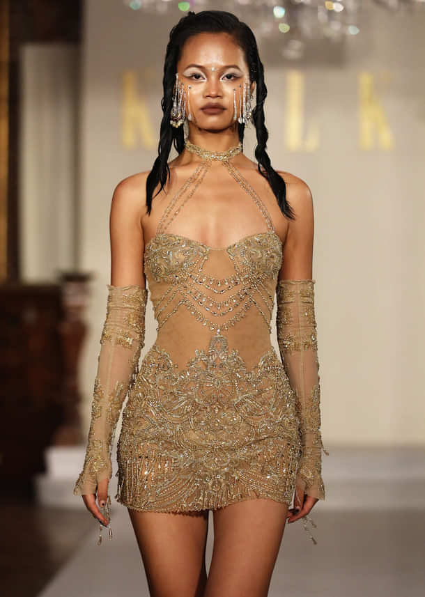 Gold Net Bridal Indo Western Mini Dress With Heavy Embroidery