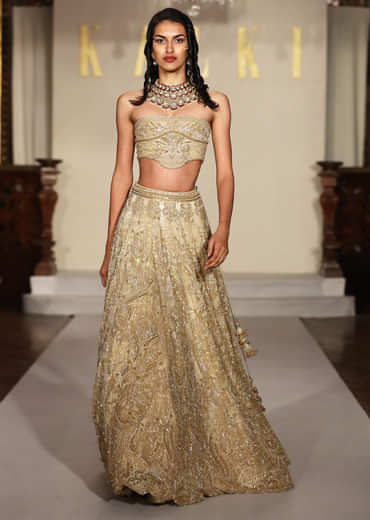 Gold Net Bridal Lehenga With Embroidered Corset Blouse