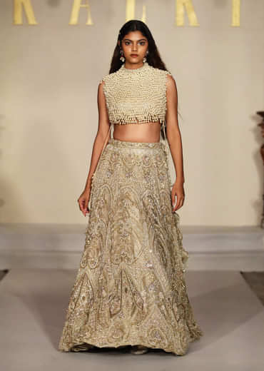 Gold Net Bridal Lehenga With Mother Of Pearl Work