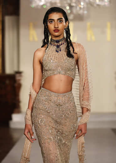 Gold Net Indo Western Set With Embellished Halter Neck Blouse