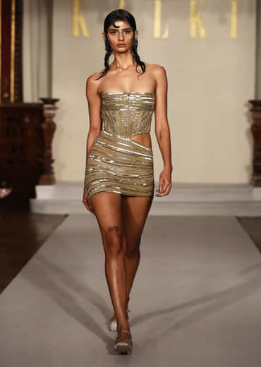 Gold Net Indo Western Tube Mini Dress With Heavy Embroidery