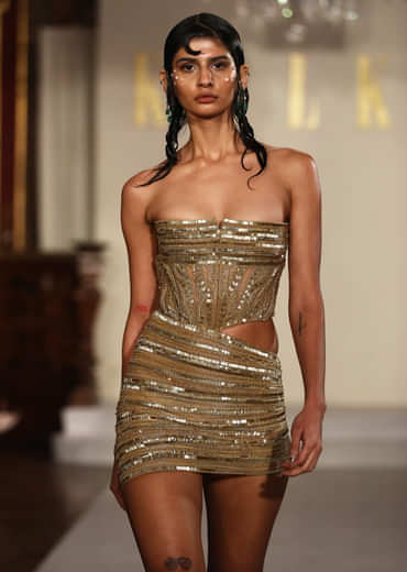 Gold Net Indo Western Tube Mini Dress With Heavy Embroidery