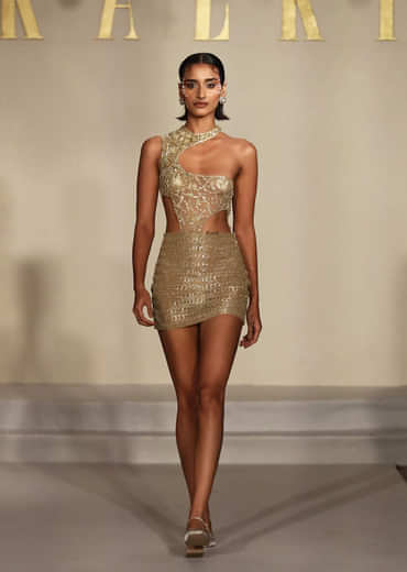 Gold Net Metallic Hand Embroidered Indo Western Bodysuit And Mini Skirt