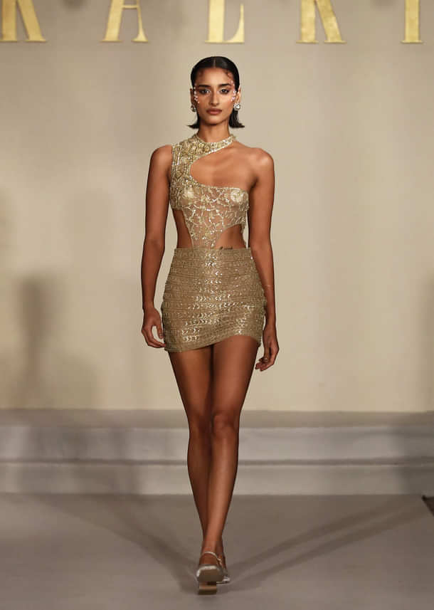 Gold Net Metallic Hand Embroidered Indo Western Bodysuit And Mini Skirt
