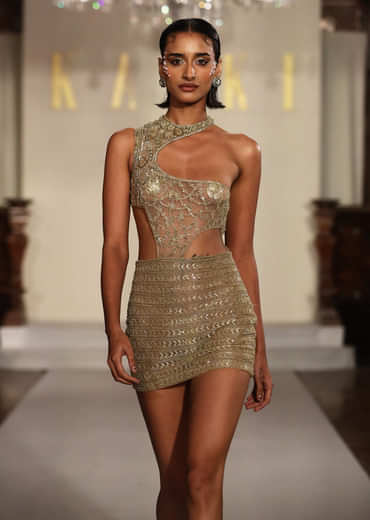 Gold Net Metallic Hand Embroidered Indo Western Bodysuit And Mini Skirt