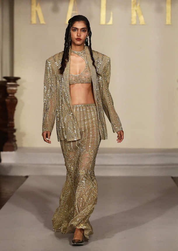 Gold Net Metallic Hand Embroidered Indo Western Set With Mermaid Skirt