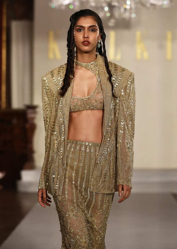 Gold Net Metallic Hand Embroidered Indo Western Set With Mermaid Skirt