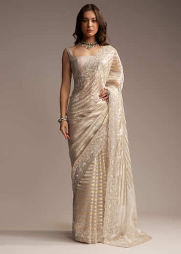 Gold Organza Saree with Cutdana and Sequins Embroidery