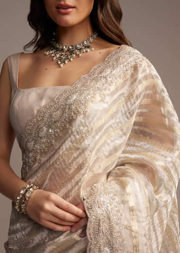 Gold Organza Saree with Cutdana and Sequins Embroidery