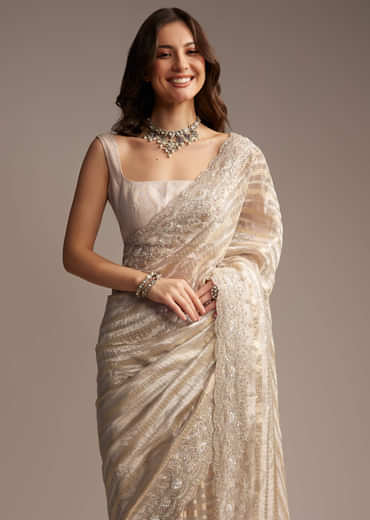 Gold Organza Saree with Cutdana and Sequins Embroidery