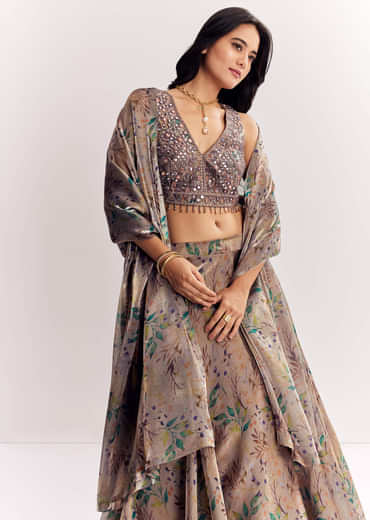 Gold Organza Tissue Lehenga Dupatta With Mirror Work Choli